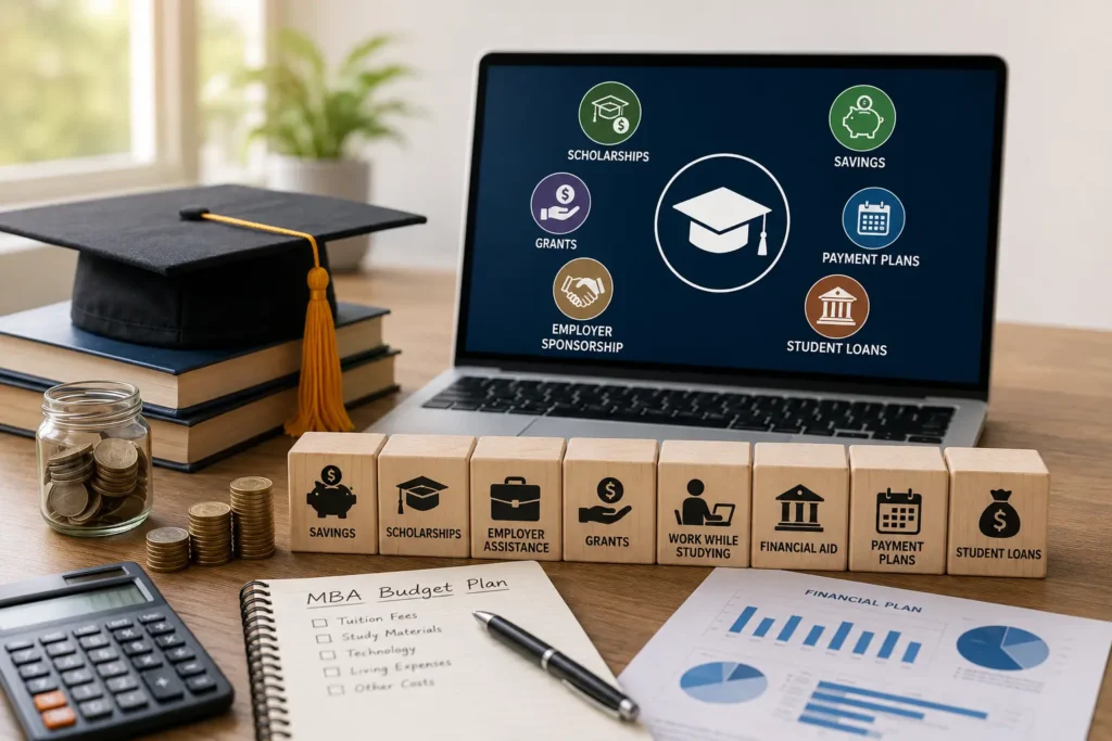 Online MBA financing options including scholarships, savings, grants, employer assistance, financial aid, payment plans, and student loans.