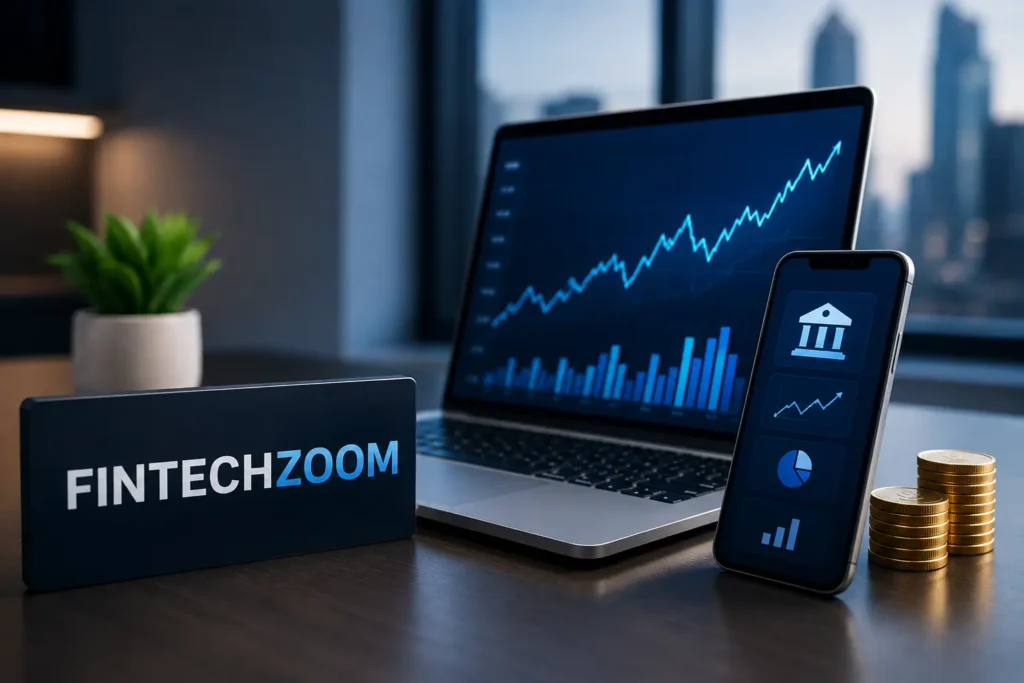 FintechZoom digital finance platform with laptop, smartphone, financial charts, and coins.