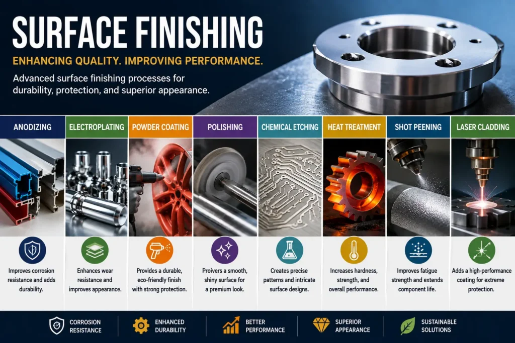 Surface finishing processes for improved durability, corrosion resistance, performance, and appearance.