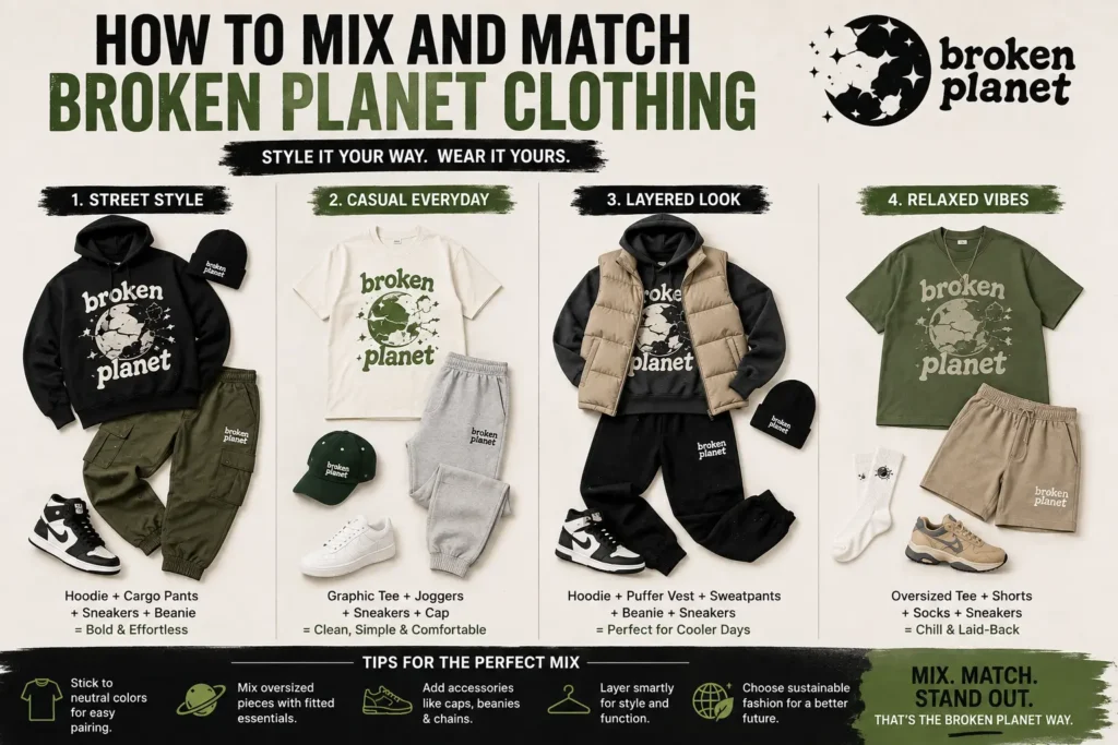 Broken Planet Clothing outfits styled with hoodies, T-shirts, cargo pants, joggers, and sneakers.