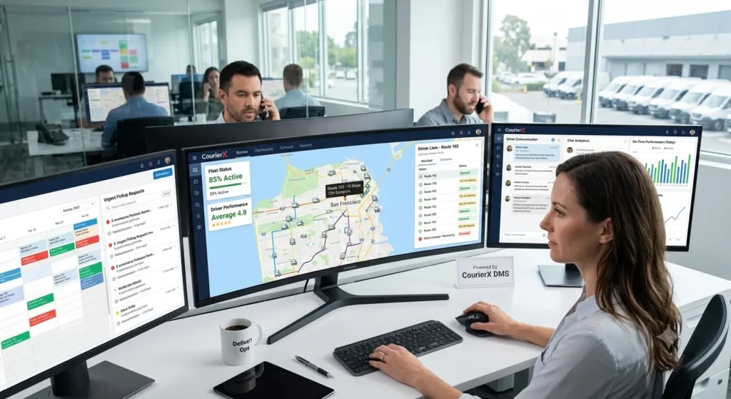 A logistics manager at a desk using multi-monitor delivery management software to track fleet routes and schedules.