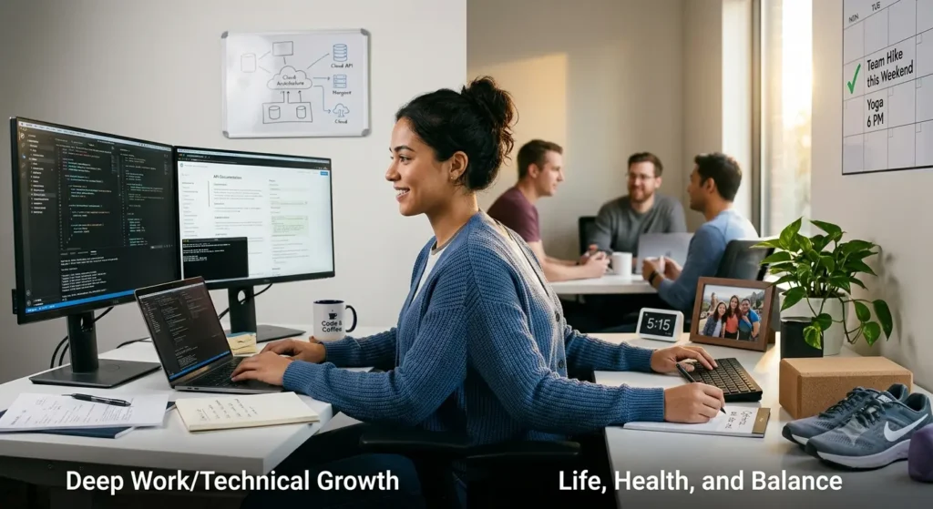 A software engineer balancing focused coding work with life, health, and personal activities.