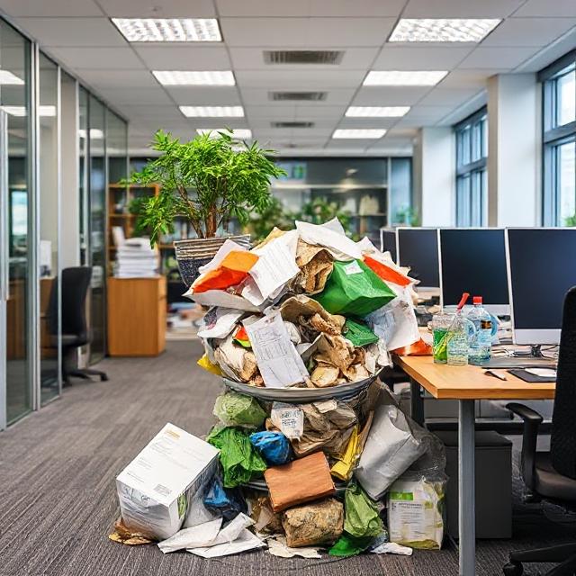 Large pile of office waste with electronics on the floor next to a desk