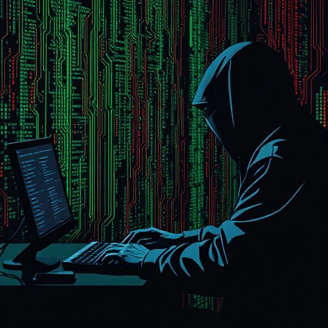 Hooded figure at a laptop with cascading code in the background.
