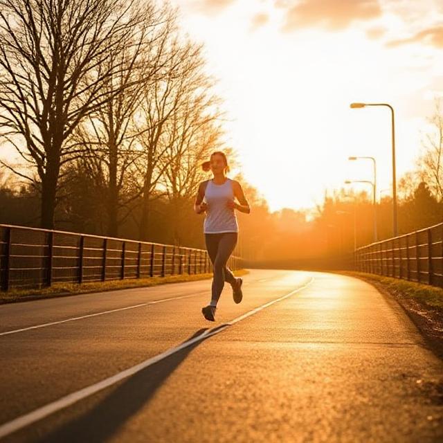 A female runner in a t-shirt and leggings jogs on a sunlit road at sunset, representing the New Face of Sports in 2025.