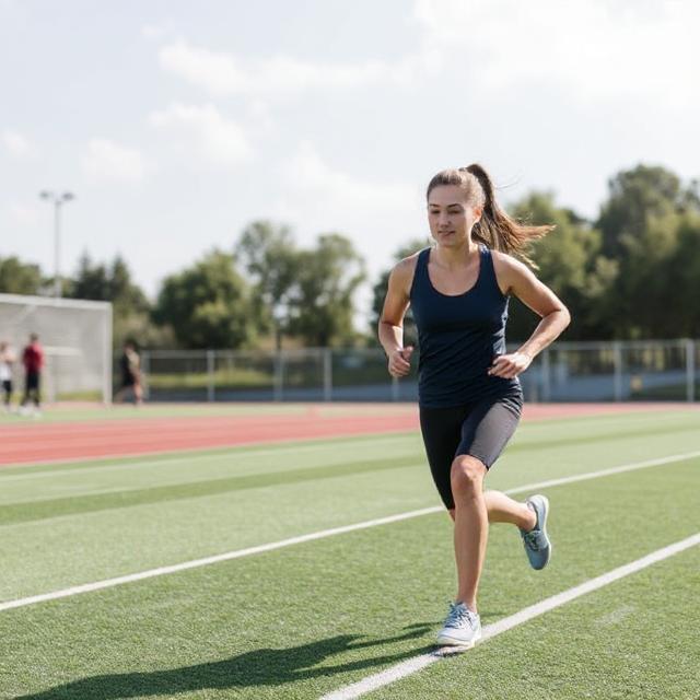 A female runner in athletic wear jogs on a green track under a clear sky, embodying the New Face of Sports in 2025.