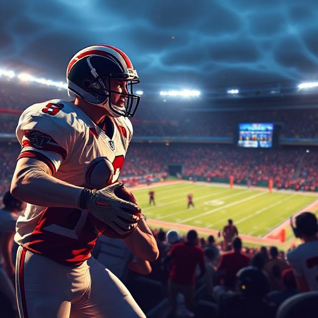 A football player in uniform and helmet holds a ball on a vibrant stadium field during a night game, epitomizing the New Face of Sports in 2025.