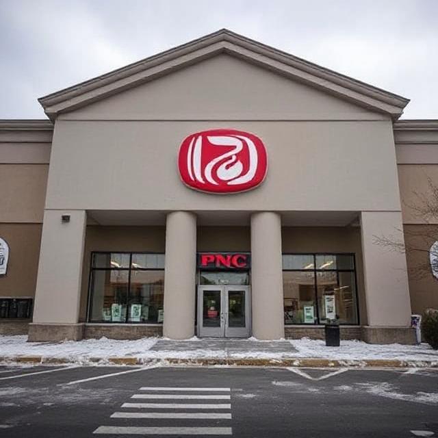 PNC Bank storefront with red logo and winter surroundings
