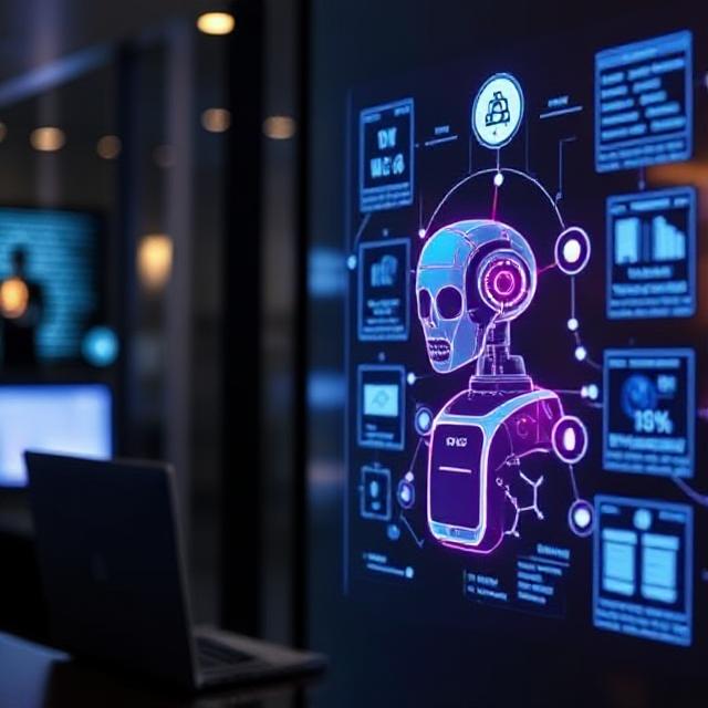 Futuristic digital interface showing AI tools with a humanoid robot and data visualizations on a screen in a modern office setting.