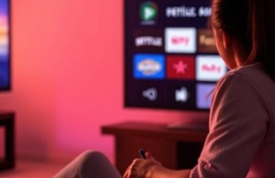 A woman from a rear perspective, sitting on a sofa and holding a remote control, watches a television screen displaying various streaming service logos. The room is illuminated with a pinkish-red ambient light, possibly from a Philips Hue system. Another television screen is partially visible on the left.