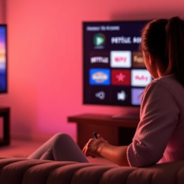 A woman from a rear perspective, sitting on a sofa and holding a remote control, watches a television screen displaying various streaming service logos. The room is illuminated with a pinkish-red ambient light, possibly from a Philips Hue system. Another television screen is partially visible on the left.