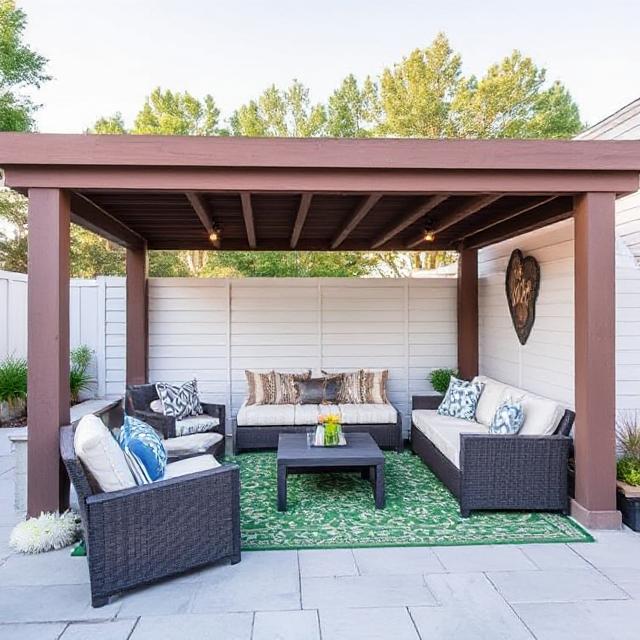 Modern outdoor patio with wicker furniture under a wooden pergola, featuring a green rug and decorative pillows.