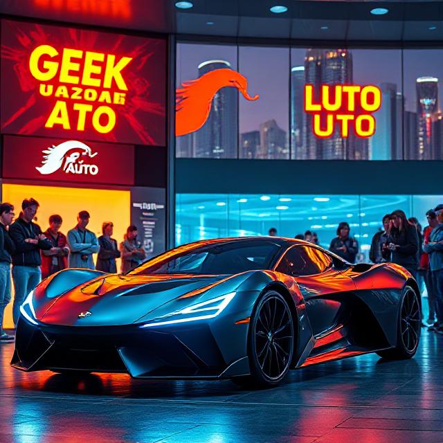 Geekzilla Autos display with sci-fi themed background and electric vehicles

