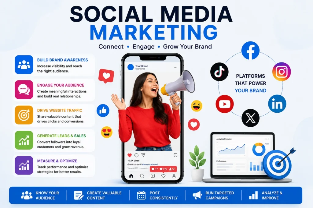 Social media marketing strategies for brand awareness, audience engagement, website traffic, and business growth.