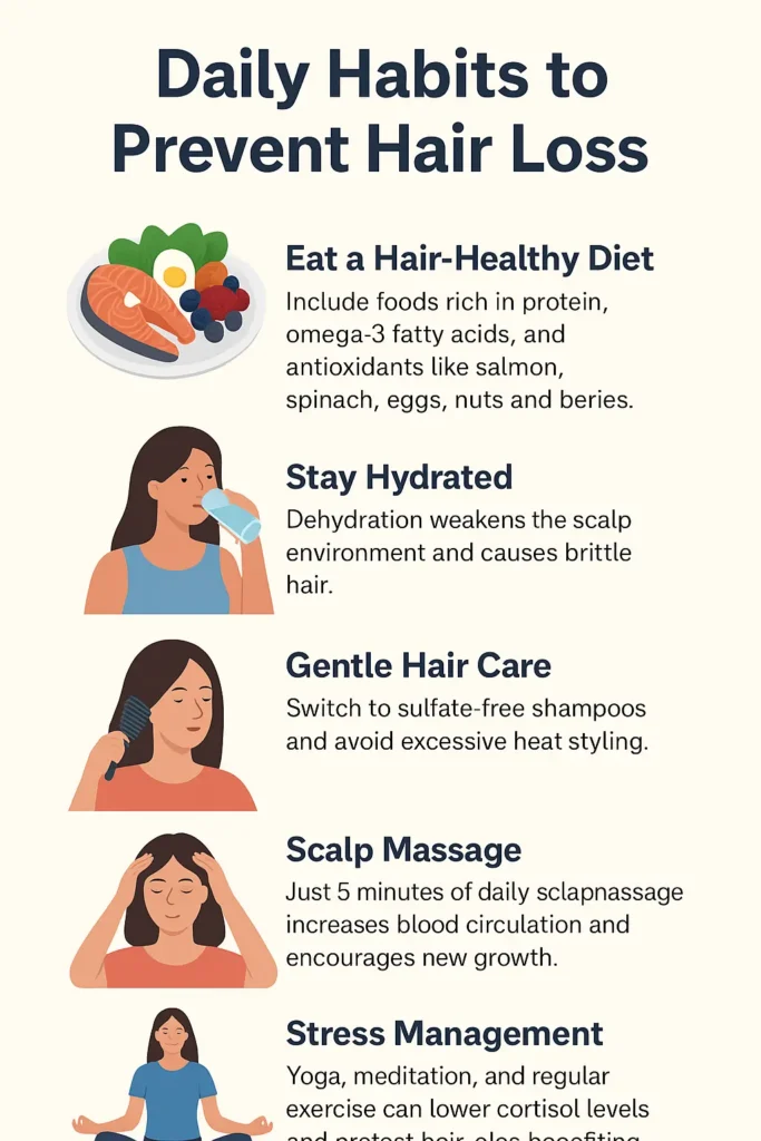Hair Loss No More Infographic showing daily habits to prevent hair loss, including eating a protein-rich diet, staying hydrated, gentle hair care, scalp massage, and stress management.