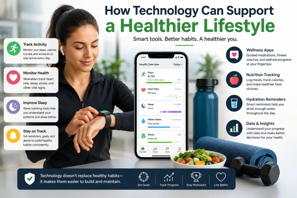 Technology supporting a healthier lifestyle with fitness tracking, wellness apps, sleep monitoring, and hydration reminders.