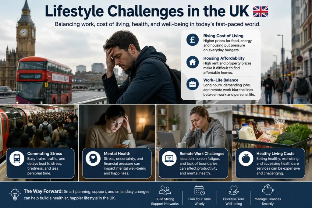 Lifestyle challenges in the UK, including rising living costs, commuting stress, remote work, housing, and mental well-being.