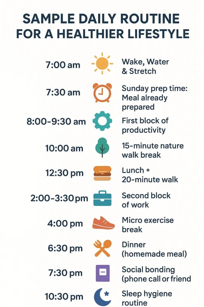 Sample daily routine infographic with habits for a healthier, happier lifestyle