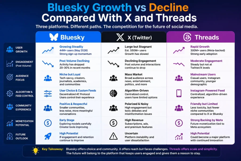 Bluesky growth vs decline compared with X and Threads social media platforms.