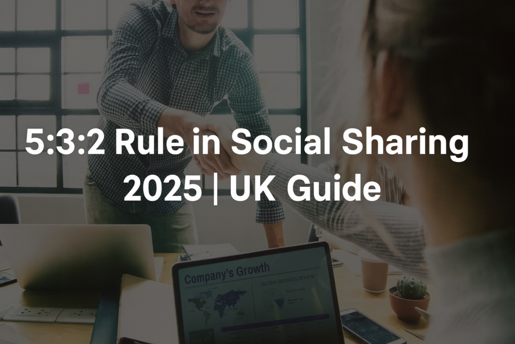 "Business team in a meeting shaking hands, with laptops and growth charts on the table, representing collaboration for applying the 5:3:2 rule in social sharing 2025."