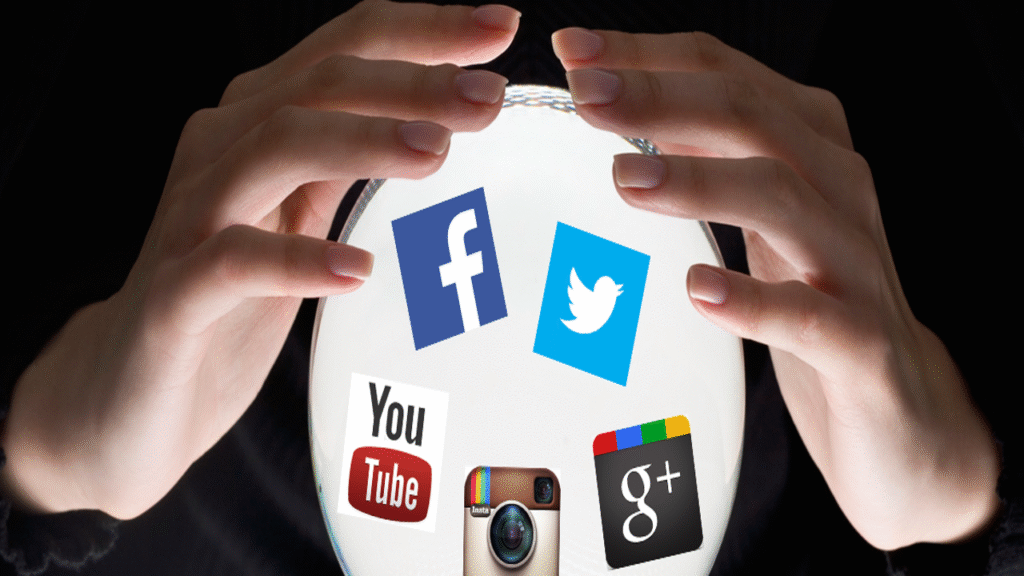“Hands holding a glowing crystal ball with popular social media logos like Facebook, Twitter, YouTube, Instagram, and Google Plus floating inside.”