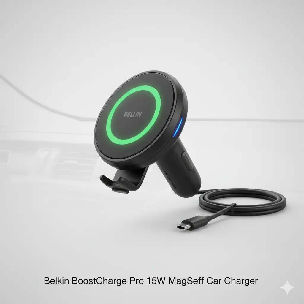 Belkin BoostCharge Pro 15W MagSafe car charger displayed on a light background with green LED ring and attached USB-C cable