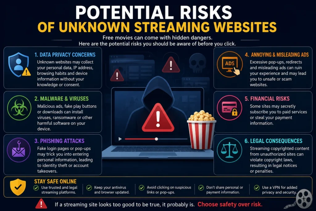 Potential risks of unknown streaming websites, including data privacy, malware, phishing, misleading ads, financial risks, and legal consequences.
