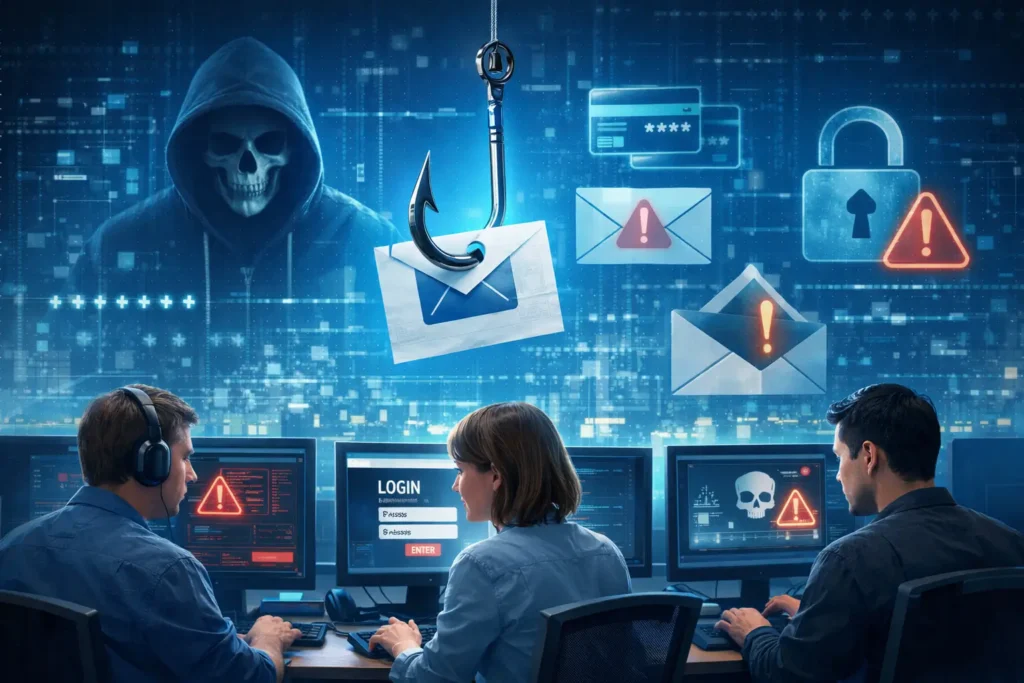 The team is analyzing phishing emails and login threats, showing phishing testing services.