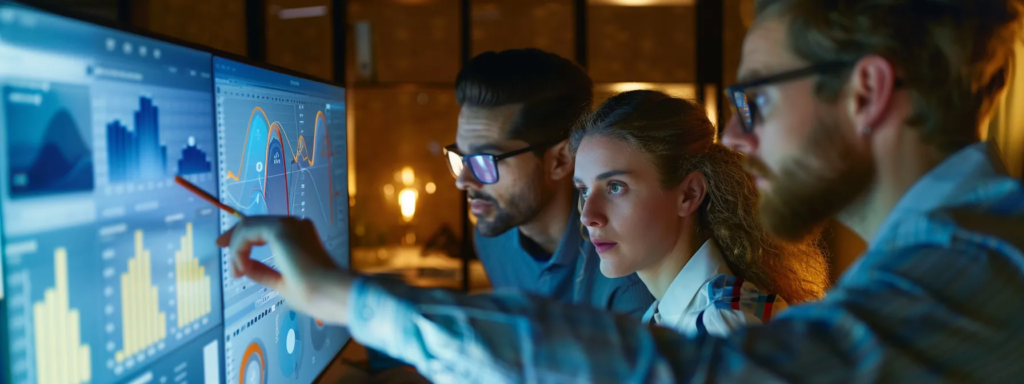 Automated Proposal Tools analytics dashboard with team reviewing data charts