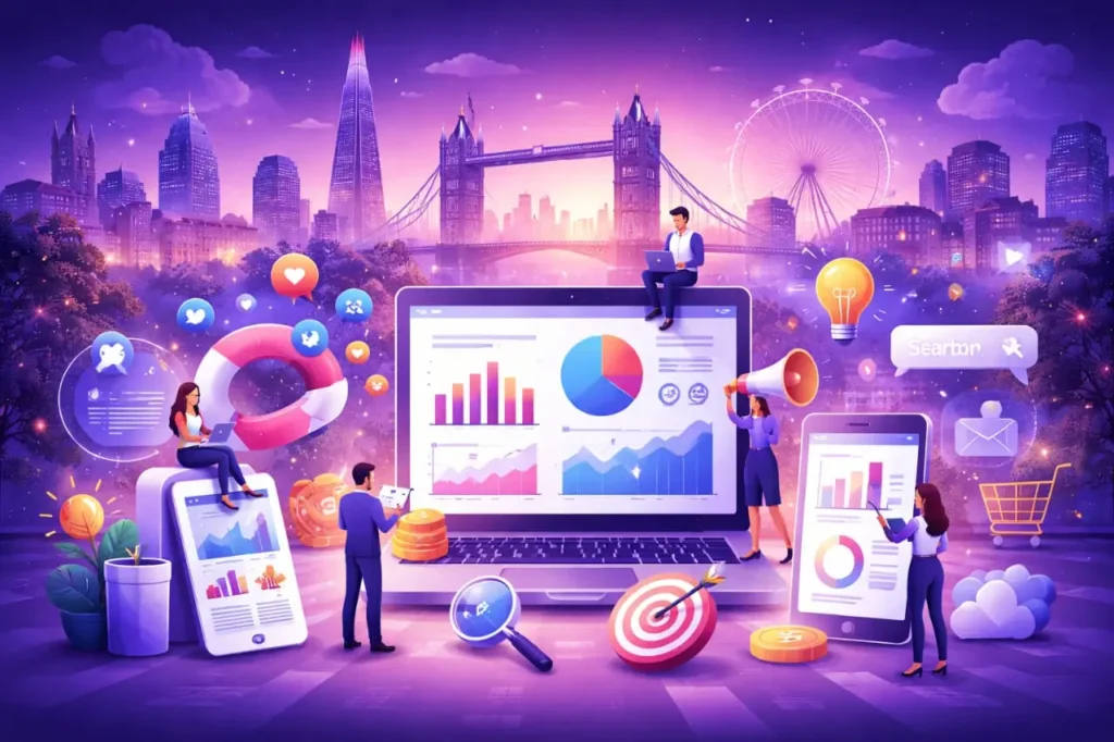 Personal Adverts digital marketing analytics and social media growth illustration.