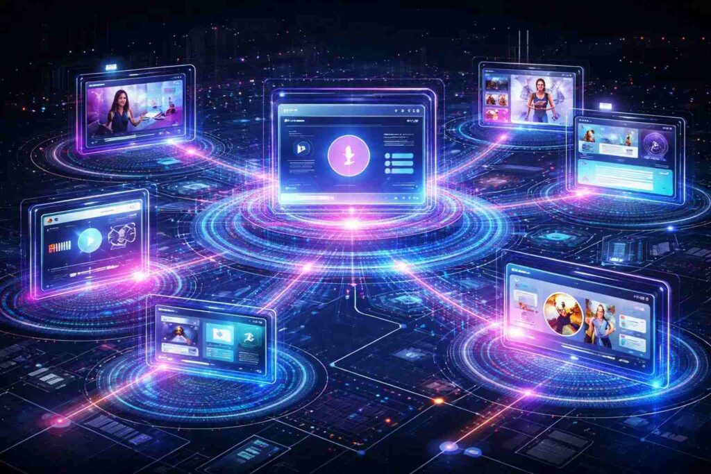  هنتاوي com futuristic connected content platforms with glowing digital screens.