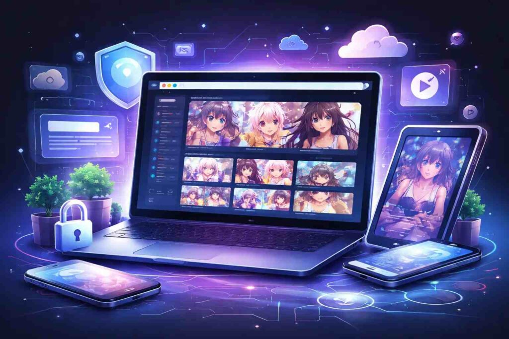 Laptop displaying anime-style content and digital interface related to هنتاوي com platform