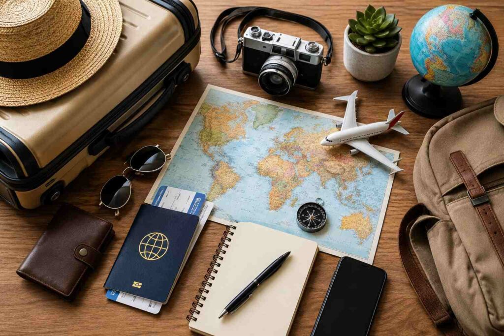 NYC weekend trip essentials laid out on a table: suitcase, passport, map, camera, and travel gear