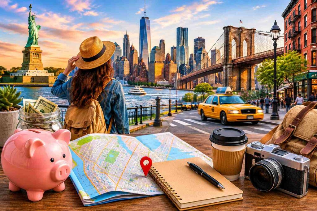 New York City weekend trip with NYC skyline, Brooklyn Bridge, Statue of Liberty, and budget travel essentials