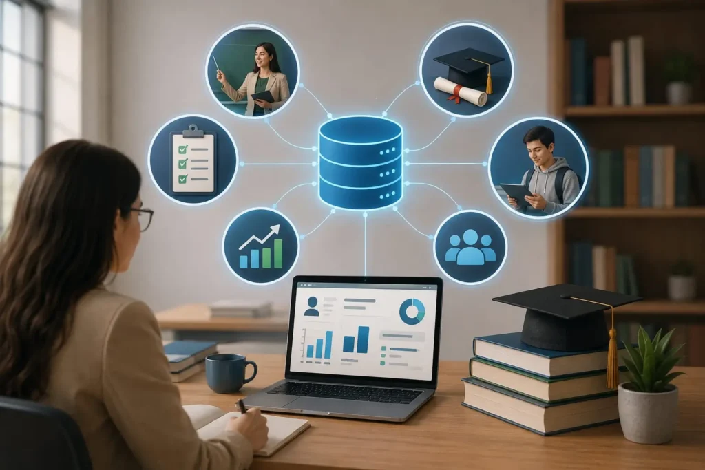 Learning aims database illustration showing digital education data management