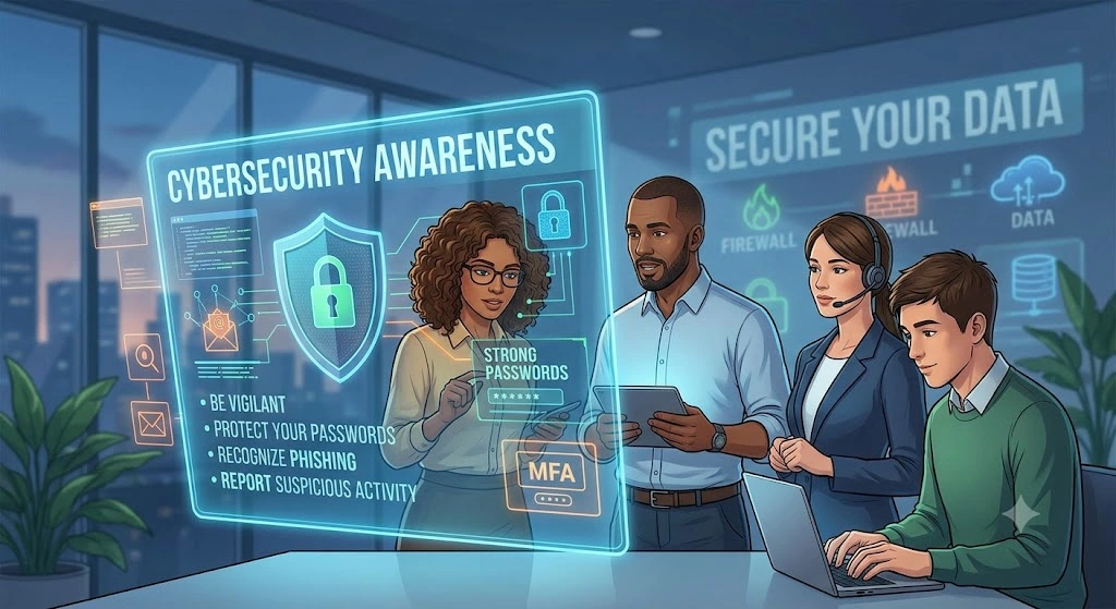 "CYBERSECURITY AWARENESS" with a large shield icon and list.
