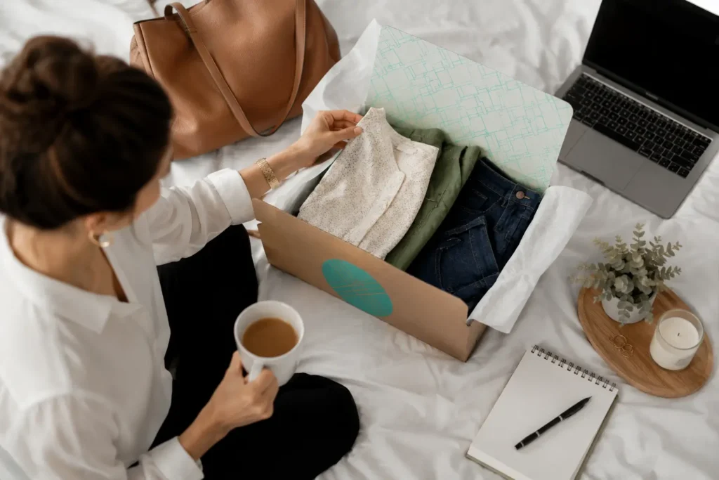 Woman unboxing clothes at home, exploring stitch fix worth it.