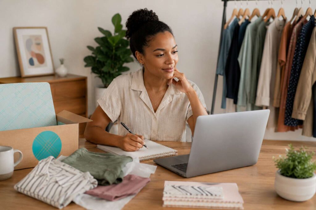 Customer reviewing clothing choices at home for the Stitch Fix customer experience.