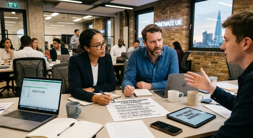 Entrepreneurs in a UK office discussing key business challenges.