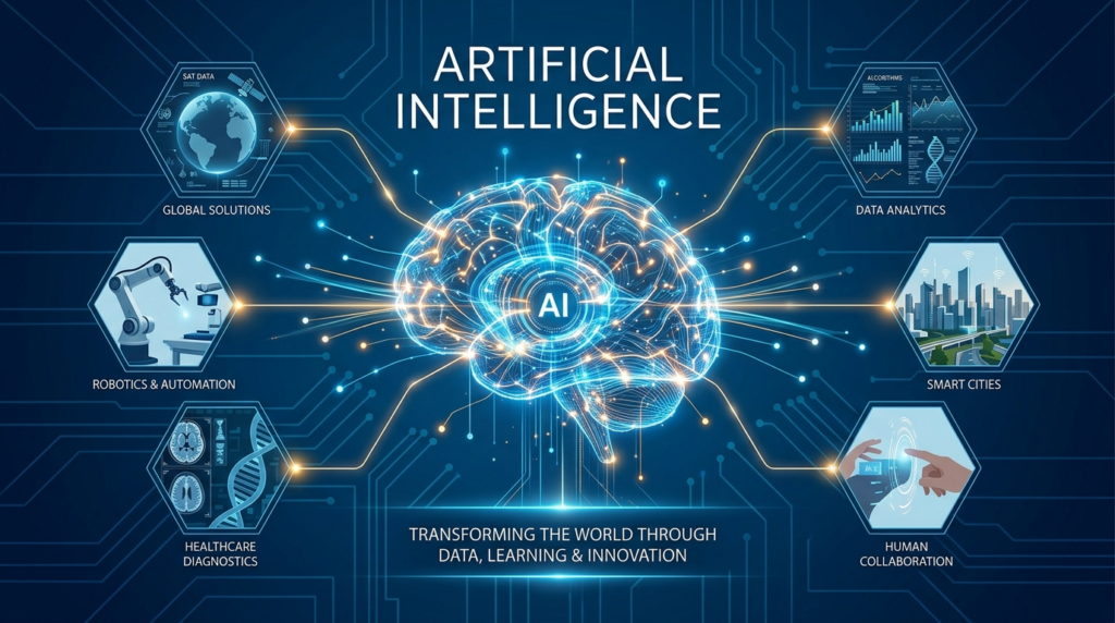 Artificial intelligence digital brain surrounded by core application icons.