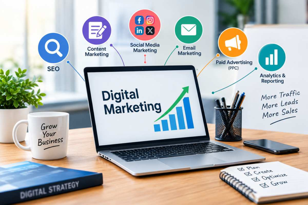 Digital marketing strategy with SEO, content marketing, social media, email marketing, and analytics for business growth in 2026.